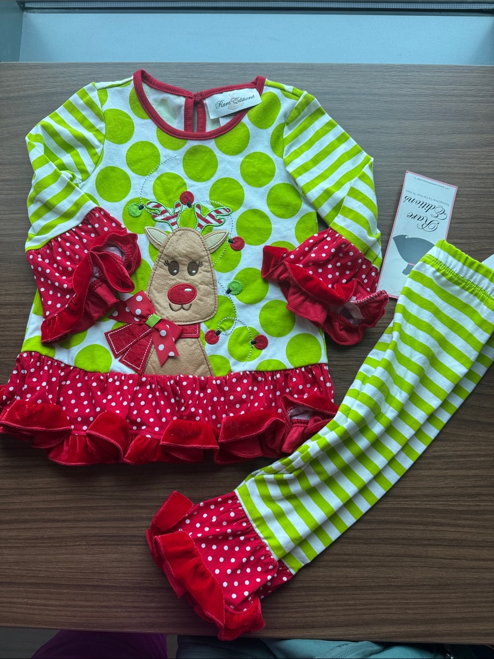 Rare Editions Girls' Green & Red Reindeer Holiday Pajama Set 2T